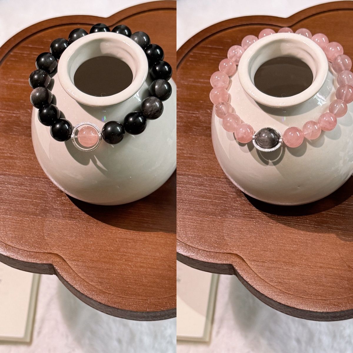 SILVER OBSIDIAN & ROSE QUARTZ COUPLE BRACELETS 2