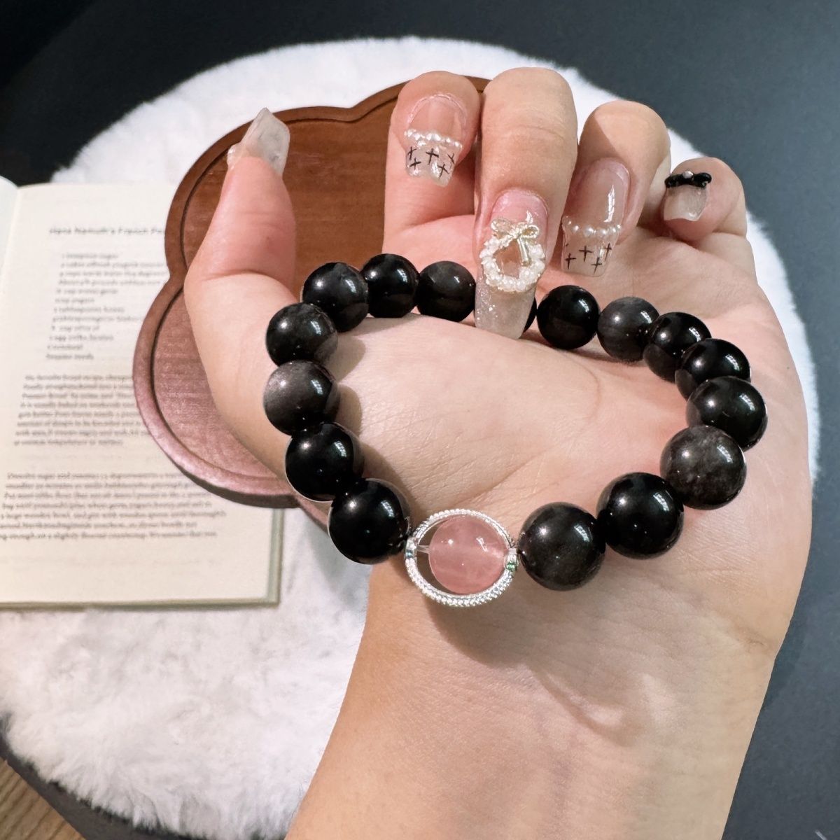 SILVER OBSIDIAN & ROSE QUARTZ COUPLE BRACELETS 6